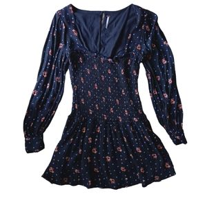 Free people two faces black floral smocked keyhole back boho mini dress sz S